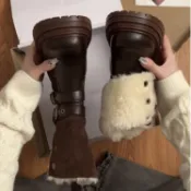 真皮厚底馬丁靴女 秋冬加絨雪地靴 復古增高短靴 保暖防滑靴子