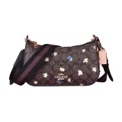 【COACH】COACH JES BUEGETTE 馬車LOGO玫瑰印花設計拉鍊斜背彎月包(深咖x黑x多色)