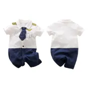 (店+)【雪倫小舖】男寶寶滿月西裝 新生兒包屁衣 爬服 寶寶短袖哈衣 抓周禮服 收涎小西裝 機長款