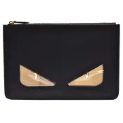 【FENDI 芬迪】經典金屬感MONSTER怪獸造型小牛皮拉鍊手拿包(黑-金7N0078-SQP-F0KUR)