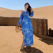 波西米亞旅行度假性感藍色碎花雪紡吊帶長裙女裝寬鬆V領長袖露背中長款A字洋裝