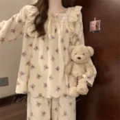 【與inside裏】睡衣兩件式睡衣冬季睡袍長袖睡袍睡衣冬季女珊瑚絨公主風加絨加厚法蘭絨春秋款少女甜美家居服