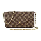 【Louis Vuitton 路易威登】N63032 棋盤格DAMIER EBENE斜背手拿長夾(咖啡X櫻桃紅)『entrupy安心購』