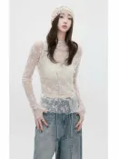 喜挖2店 花邊蕾絲內搭衣女薄款內搭疊穿防曬t恤白色透明罩衫長袖網紗上衣