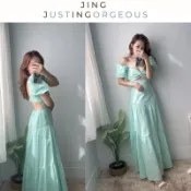 黑.綠現貨秒出♥️售完不再【JinG】公主渡假風*泡泡袖深V美背露肚長洋裝♥️美腰蛋糕裙 短袖 一字領 長裙 沙灘約會