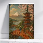 富士山五重塔櫻花紅橋日本復古藝術數位海報