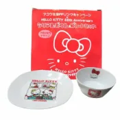 asdfkitty可愛家精品店 asdfkitty*外盒舊 KITTY35週年紀念 陶瓷碗+盤子-淺圓盤 飯碗-日本正版商品
