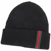 【GUCCI 古馳】綠紅綠織帶羅紋反摺針織羊毛帽-黑色