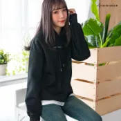 休閒保暖文字刺繡羅紋開衩刷毛連帽拼接假兩件上衣(黑.紅L-3L) 眼圈熊 中大尺碼 X377