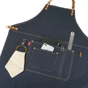 【Working Apron】脖掛式背帶圓環掛鈎真皮牛仔工作圍裙