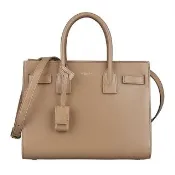 【YSL】YSL SAINT LAURENT SAC DE JOUR LOGO小牛皮開風琴手提斜背包(餅乾棕)