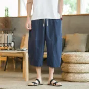 男士棉麻七分褲民族風素色百搭亞麻短褲透氣排汗休閒褲大尺碼直筒褲燈籠褲哈倫褲蘿蔔褲沙灘褲國潮男褲子