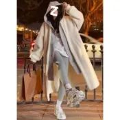 🌹現貨🌹 韓風 日系 假兩件連帽外套女 秋冬季新款 寬鬆加厚 高質感 中長款仿羊羔毛絨大衣 禦寒 保暖