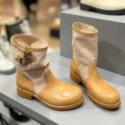 【老錢短靴】👢 拼色帆布皮面中筒靴 複古拚色真皮褶皺堆堆粗跟騎士靴子｜秋冬通勤逛街 不卡小腿 日常百搭女靴