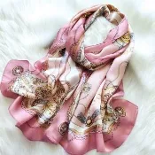 【I.Dear】100%蠶絲歐美圖騰印花緞面長絲巾披肩(古典風情粉)真絲 桑蠶絲 圍巾