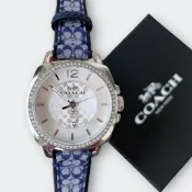 COACH 蔻馳 Boyfriend 經典LOGO緹花織布晶鑽腕錶34mm(銀/丹寧藍色)