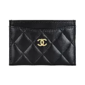 【CHANEL 香奈兒】CHANEL金字LOGO小羊皮菱格紋開口式卡片夾(黑)