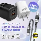WELLY 36W氮化鎵GaN 雙孔充電器+60W抗彎折 Type-C to Type-C 鋁合金傳輸充電線