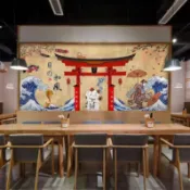 日式和風壁紙 日料壽司店背景牆布 招財貓壁布 日式餐廳料理店牆紙 日式門簾 日式裝飾 壽司 壁紙 餐廳