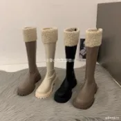2種長度🫧 羊羔毛拼接PU厚底長筒靴女 秋冬加絨毛毛鞋 短筒雪地靴子 不過膝高筒騎士靴 增高厚底靴 真皮長靴 女生靴子