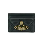 Vivienne Westwood 絎縫皮革金土星logo四卡卡夾(黑)
