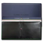 (店+)【TOMMY HILFIGER】男皮夾 長夾 牛皮中標設計 多卡夾 三鈔層 品牌盒裝／黑色(男夾長夾男皮夾零錢袋)