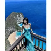 【法式氣質顯瘦】海島度假風洋裝 法式淺綠色印花網紗吊帶連衣裙 夏海邊沙灘裙 純欲魚尾包臀長裙 洋裝連身裙 洋裝長裙 渡假