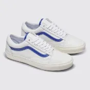 【VANS】官方旗艦 Old Skool 白色/藍色條紋皮革鞋面滑板鞋 小白鞋