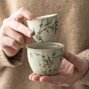 臺灣現貨翠綠文竹水缸杯主人杯大號陶瓷喝中式功夫品茗杯單杯
