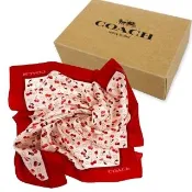 【COACH】經典LOGO 100%蠶絲絲巾方巾領巾圍巾禮盒(櫻桃/紅)