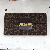 法國二手中古CELINE啡色真皮拼凱旋門馬車LOGO帆布長銀包錢包