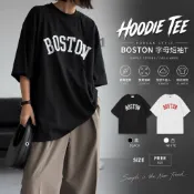 【JES】韓國 質感 BOSTON 美式 撞色 字母 印花 親膚 透氣 百搭 潮流 情侶 寬鬆 落肩 短袖 上衣 短T