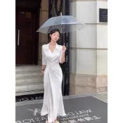 【福甜甜Sweet】高級感穿搭 三色🔥 白色洋裝 從一時刻 金秘書 秋季v領襯衫  氣質褶皺 收腰顯瘦 魚尾包臀裙