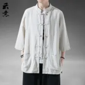 新品 男士棉麻七分袖襯衫日系立領盤扣中式亞麻短袖襯衫大尺碼舒適透氣唐裝漢服禪服居士服太極服禪意禪修男上衣