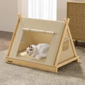 【佳美多】寵物帳篷窩 木質寵物窩 三角貓窩 牛津布寵物屋 小型犬貓窩 木質支架 透氣網窗 捲門設計