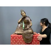 【合雅藝品】早期廣東 石灣陶【淨瓶觀音】自在觀音 觀世音 名師手製 有落款 值得收藏 居家裝飾 石灣陶擺件 Y33