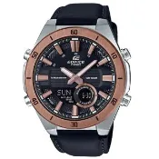 【CASIO 卡西歐】EF 雙顯男錶 皮革錶帶 黑X玫瑰金 防水100米 十年電力(ERA-110GL-1A)