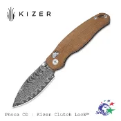 Kizer - Phoca CD 羽紋大馬士革鋼工作折刀 / Mkuruti木柄 / 單手開啟 V3781CDA3 詮國