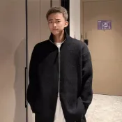 高領設計雙拉鍊保暖小外套毛衣男 百搭休閒潮流針織衫外套男