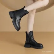 💖115秋季複古真皮馬丁靴女韓版厚底拉鏈短靴女係帶休閒大碼女靴子💖