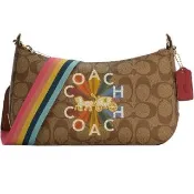 【COACH】Jes Baguette彩虹COACH字母x焦糖咖啡PVC滿版LOGO斜背法棍包