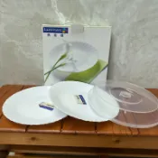 法國LUMINARC樂美雅餐具組 純白摺紋邊 兩盤+微波保鮮蓋 盤直徑25.8cm 保鮮蓋材質PP