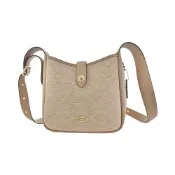 COACH Hadley燕麥奶茶色C LOGO緹花布拼接皮革斜背馬鞍包