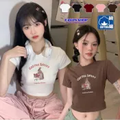  【隔日到貨】純棉 小兔子推紅蘿蔔 英文字印花圓領短袖T恤 女上衣服 高彈力貼身 短版 大童可穿 團體服 客製化