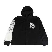 【Y-3 山本耀司】Y-3 草寫毛絨布標貼LOGO單邊拼接袖設計純棉長袖連帽外套(男款/黑x白)