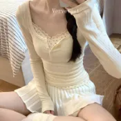 春秋新款美式碎花假兩件上衣 純慾辣妹風 女 長袖 修身 顯瘦 可愛的韓國風格