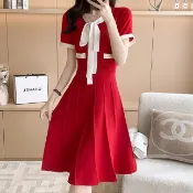 胖胖美依 短袖洋裝 連身裙 高腰洋裝 修身洋裝 禮服 紅色女裝蝴蝶結飄帶短袖冰絲針織收腰A字裙中長款非D03.6836