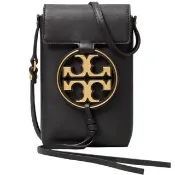 【TORY BURCH】MILLER專櫃款黑色皮革圓形LOGO手機斜背包