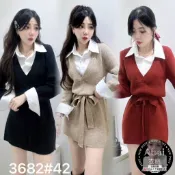 現貨3682❗️假兩件式襯衫綁帶腰身撞色款針織洋《Abai》☑️彩色方塊☑️Dear☑️Op☑️IU☑️朵莉亞☑️