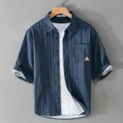 【巴黎精品】現貨+預購 襯衫五分袖上衣-條紋印花潮流舒適百搭男裝2色a1bu124